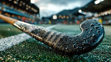 Close-up of a vintage field hockey stick and textured ball on lush green grass - Powered by Adobe