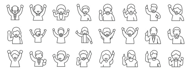 Rejoice success icons set. Diverse group of cheering people celebrating success with raised hands and joyful expressions, depicted in a simple outline style