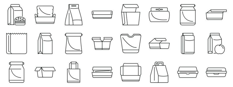 Paper lunchbox icons set. Line drawing of various food packaging, including boxes, bags, jars, and containers, ideal for representing food storage and delivery