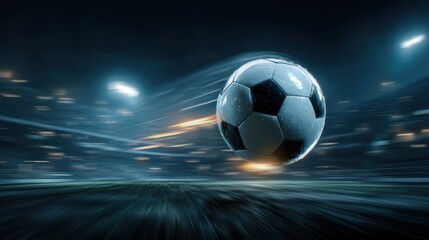 floating soccer ball with motion blur, blurry stadium background