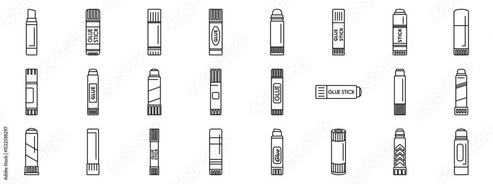 Poster glue stick icons set. set of glue stick icons in thin line style, illustrating various adhesive appl