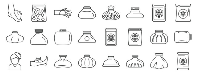 Ice bag icons set. Collection of herbal compress outlines for spa therapy
