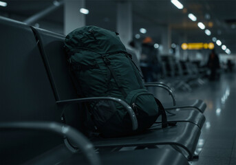 cinematic photo of a bag, backpack or duffel on an airport chair