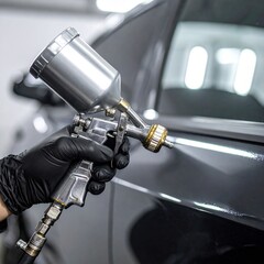 Auto detailing: gloved hand holding silver spray gun painting black car surface
