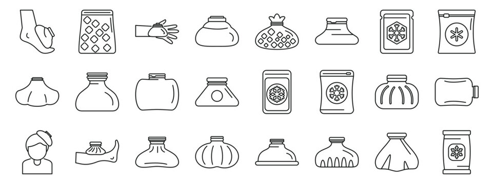 Ice bag icons set. Collection of herbal compress outlines for spa therapy