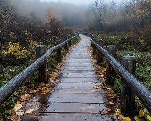 A wooden walkway leads into a misty forest landscape scene