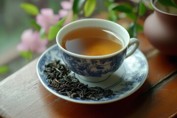 Aromatic tea in a decorative porcelain cup.