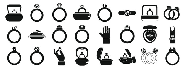 Rings engagement icons set. Variety of rings and jewelry boxes, perfect for illustrating proposals, weddings, engagements, or jewelry related themes