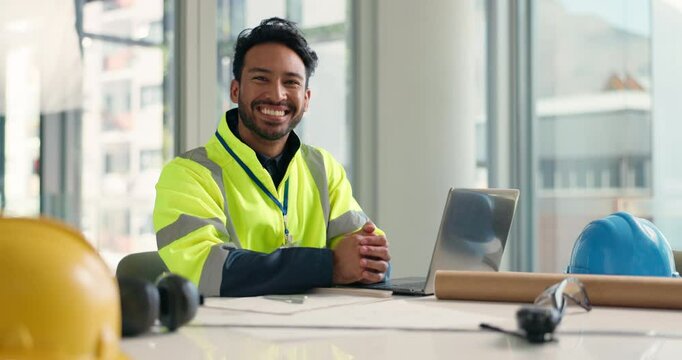 Face, happy man or architect on laptop for floor plan, engineering planning or project inspection. Office, portrait or proud contractor in construction with smile, development research or blueprint