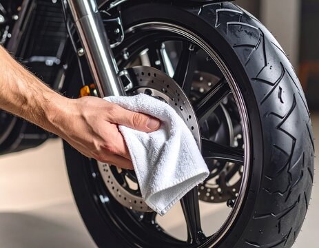 Close-up of hand cleaning motorcycle wheel with white cloth