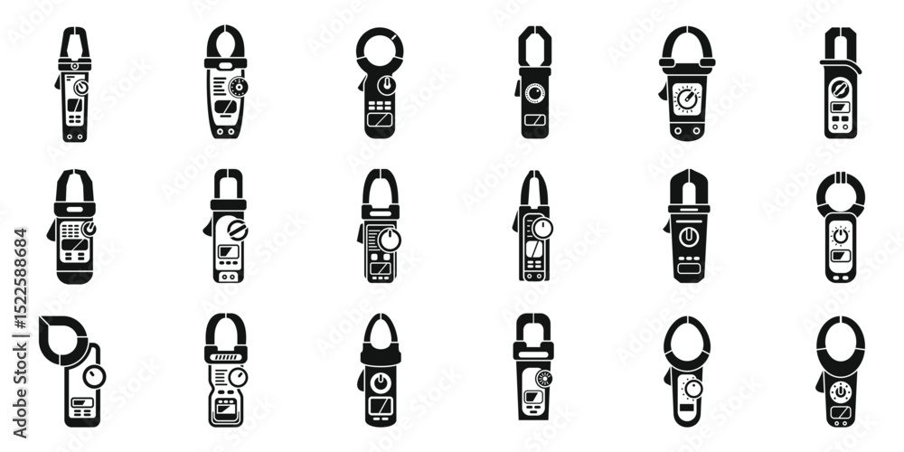 Poster clamp meter icons set. measuring electricity icons set illustrating different types of digital clamp