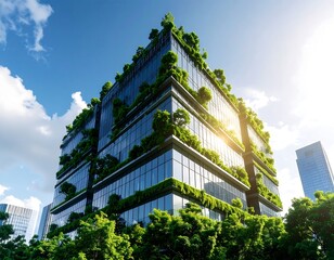 Modern green building against blue sky