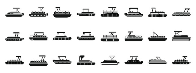 Pontoon boat icons set. Set of pontoon boat icons showing various designs for river or lake recreation and leisure © anatolir