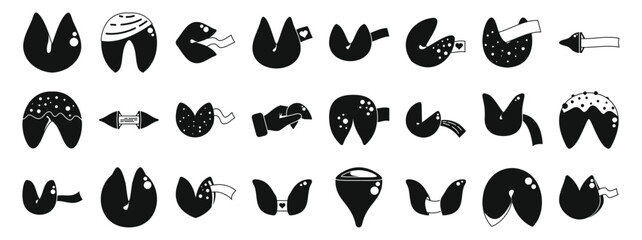Fortune cookie icons set. Fortune cookies with predictions holding different paper strips icons set simple vector. Chinese fortune. Cookie food