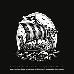 Vintage retro hand drawn Viking sailing ship vector illustration © purify