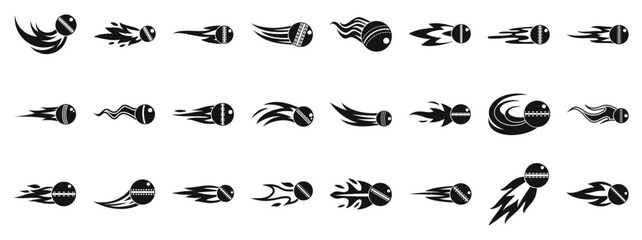 Flying cricket ball icons set. Set of different cricket balls with fire trails flying through the air, representing speed and power