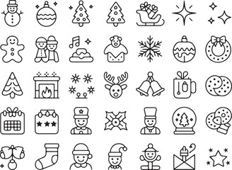 Naklejka premium Outline Christmas Icons Set with Festive Elements on Transparent Background Design