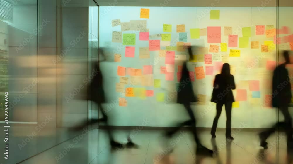 Poster business people are walking past a brainstorming wall covered in colorful sticky notes in a modern o