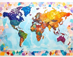World map made from colorful mosaic pieces, with triangle border