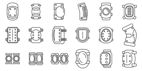 Knee pads icons set. Knee and elbow pads in various designs, providing essential protection for joints during sports, work, and other activities
