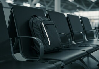 cinematic photo of a bag, backpack or duffel on an airport chair