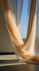 Soft drapes flowing gracefully in natural light highlight serenity in a bright indoor space with a picturesque outdoor view