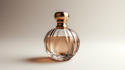 Soft golden glow. Luxurious round perfume bottle on cream backdrop. Ideal for high-end cosmetics, branding, or editorial visuals.

