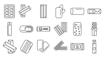 Chewing gum icons set. Various types of chewing gum are displayed, highlighting different packaging styles, flavors, and forms