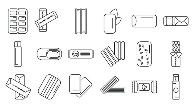 Chewing gum icons set. Various types of chewing gum are displayed, highlighting different packaging styles, flavors, and forms