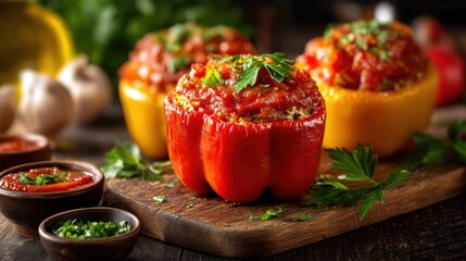 stuffed peppers with tomato sauce, blurry Balkan kitchen background