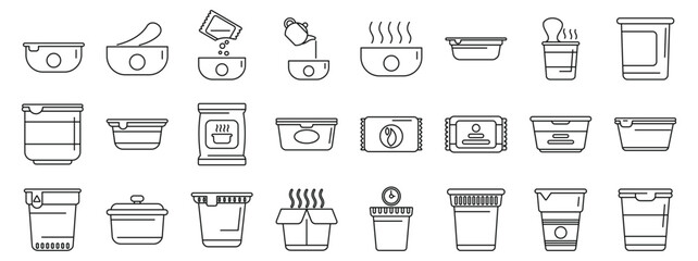 Instant soup icons set. Collection of linear icons representing instant food preparation, featuring bowls, cups, containers, sachets, and cooking processes