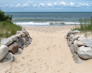 A sandy path leading to a beautiful beach and ocean view