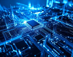 Circuit board with glowing blue lines