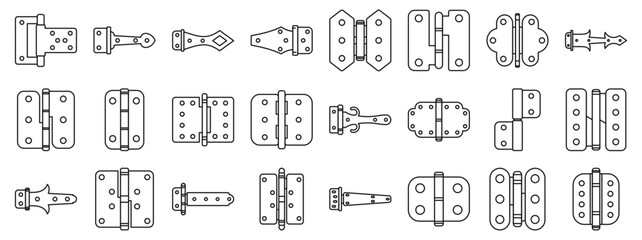 Door hinges icons set. Different types of hinges are illustrated, showcasing their function in joining and supporting doors and other objects © anatolir