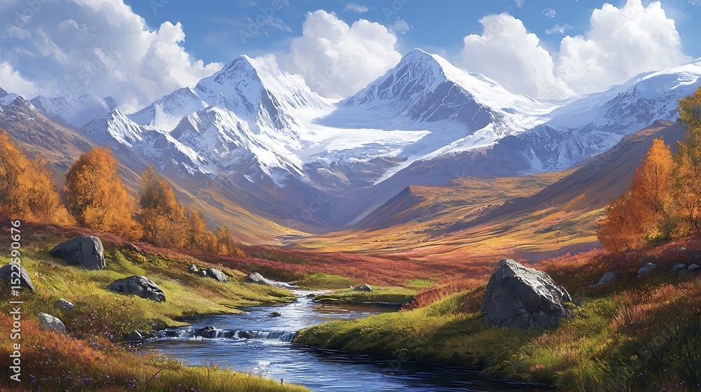 Poster a peaceful valley with a small stream running through it and snow-capped peaks in the background