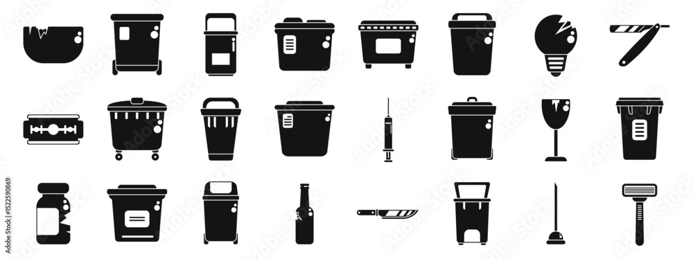 Poster sharps container icons set. diverse black icons representing waste disposal and recycling methods