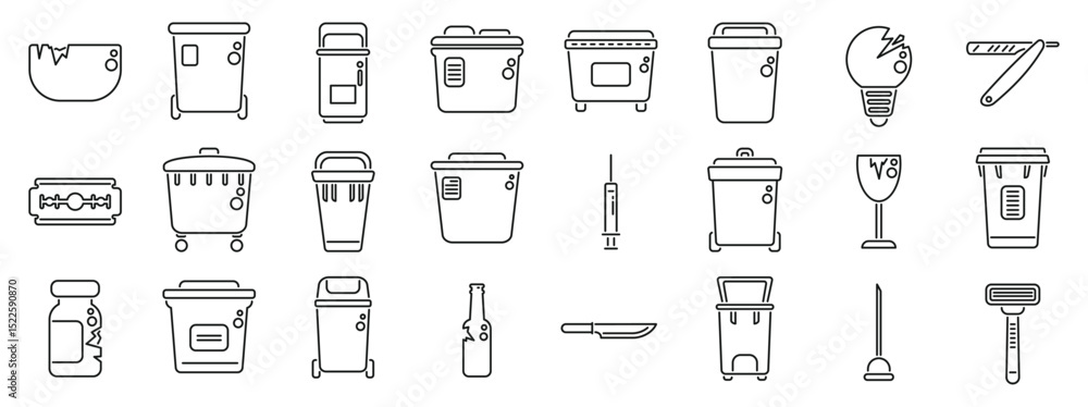 Poster sharps container icons set. line icons depicting proper disposal of hazardous materials, emphasizing