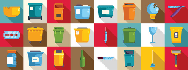 Sharps container icons set. Colorful icons illustrating proper waste disposal for various hazardous materials, promoting responsible recycling and waste management practices