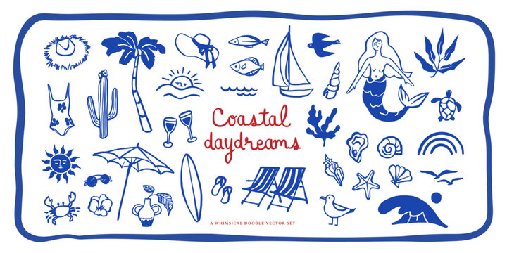 Coastal daydreams whimsical beach doodle vector set hand-drawn summer clipart