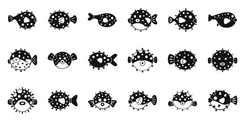 Puffer fish icons set. Set of puffer fish icons showing different swimming positions and facial expressions © anatolir