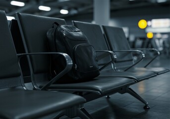 cinematic photo of a bag, backpack or duffel on an airport chair