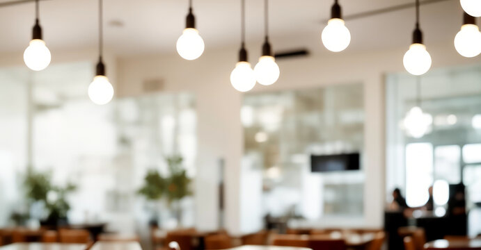 Interior view shows hanging light bulbs and blurred tables in a cafe with a cozy ambiance, modern furnishings, and soft warm lighting in a relaxed urban setting. - Powered by Adobe