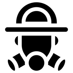 Firefighter is depicted wearing a gas mask and a hat. Concept of danger and preparedness