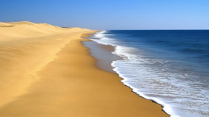 A serene coastal landscape featuring ocean waves and sandy dunes