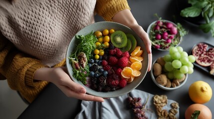Hands hold bowl with vibrant fruit and fresh berries arranged attractively. AI generated