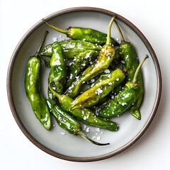 Charred Shishito Peppers Garnished with Flaky Sea Salt