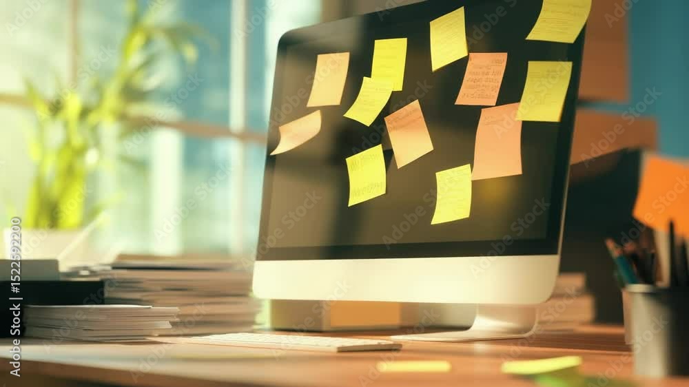 Poster contemporary workspace featuring desktop computer obscured by colorful sticky notes, highlighting co