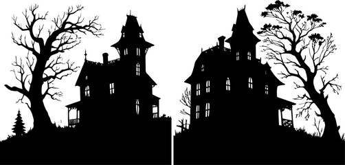 Obraz premium Spooky Haunted House Silhouette - Creepy Mansion with Bare Trees