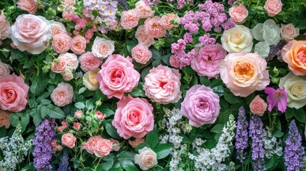 English Garden Rose. Picturesque Flowerbed in Traditional Cottage Garden with Roses and Lavender