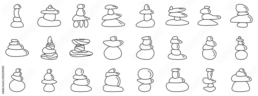 Poster balancing stone icons set. collection of simple stone cairn line drawings in various stacked formati